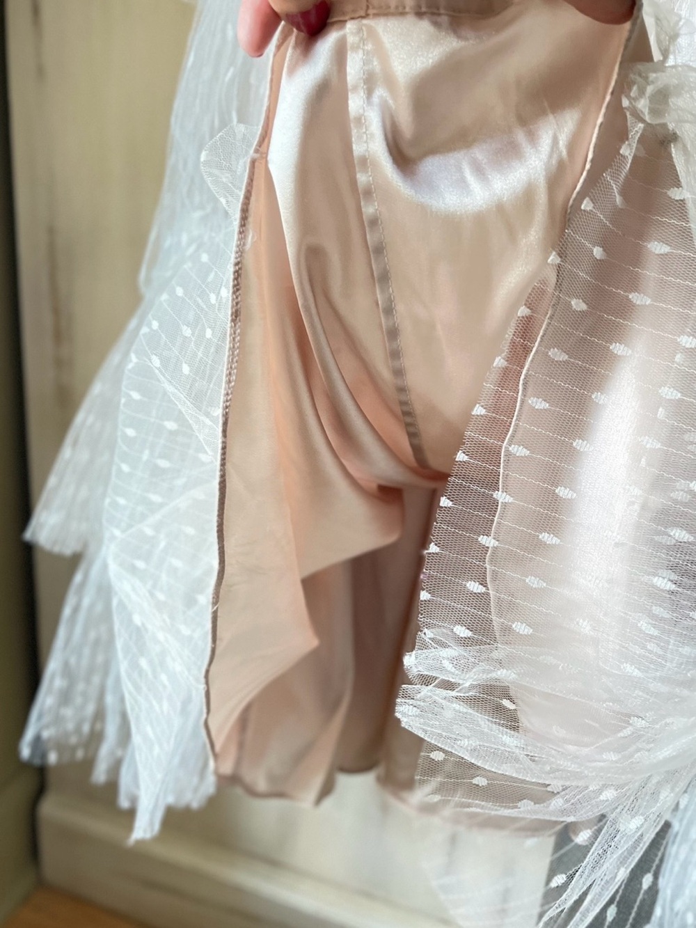 Watters Tiered Lace & Swiss Dot Wedding Dress, Custom Tulle Flutter Sleeves, 8 - Picture 9 of 15